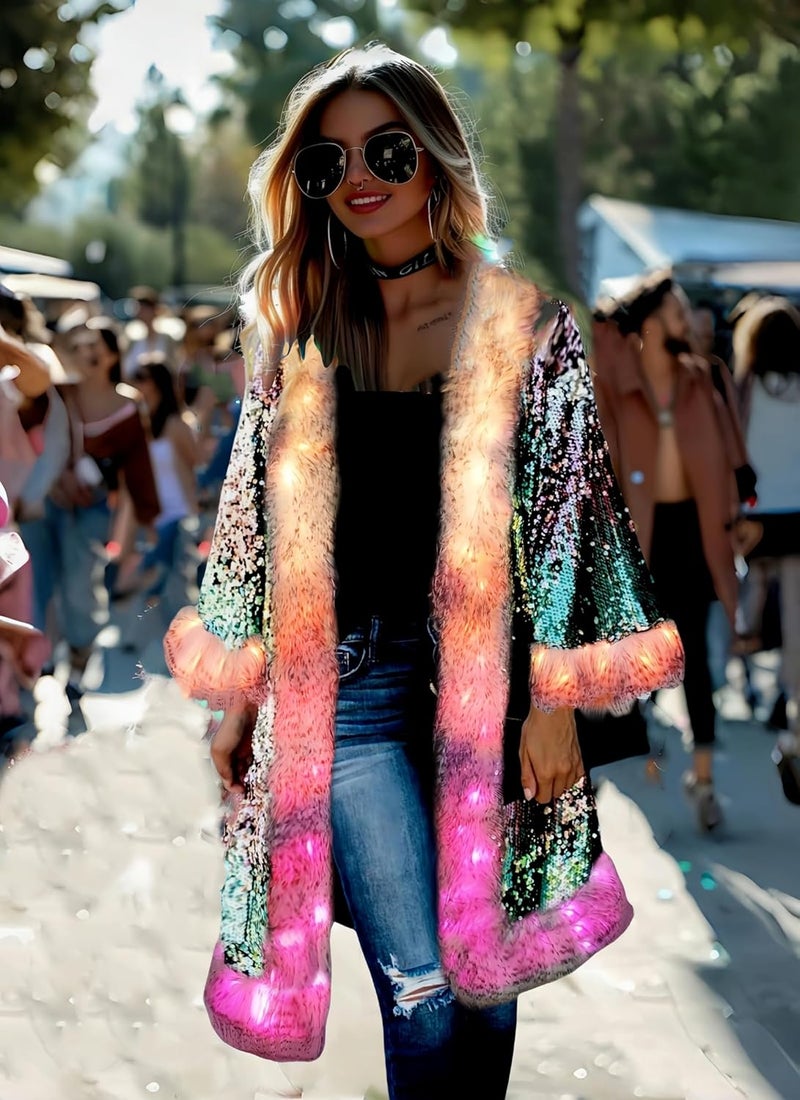 Wuwdysa LED Light up Sequin Coat for Women Flash Sparkly Jacket Rave Costume Music Festival Outfits Parties Halloween Holiday - Image 2
